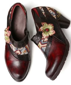 SOFFIA | Genuine Leather Dark Claret Floral Heel Bootie Oxford Shoes