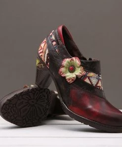 SOFFIA | Genuine Leather Dark Claret Floral Heel Bootie Oxford Shoes