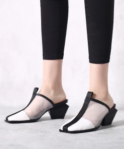 Jady Rose New In Shoes JadyRose | Geometry Block Point Toe Mid Heel Mules - Cream