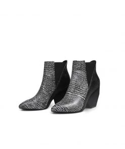 Jady Rose NEW ARRIVALS JadyRose | Black White Sketch Printed Geometry Heel Leather Mid Heel Ankle Boots