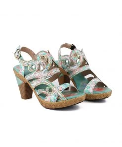 RXD SOFFIA | Genuine Leather Garden Print Swirl Heel Sandals - Cream
