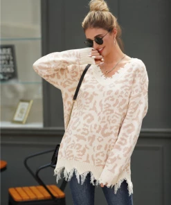 MY New In Clothing Smaibulun Doll | Leopard Long Sleeve V-Neck Ripped Knit Pullover - Cream