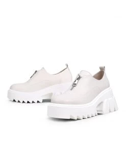 Jady Rose JadyRose | Chunky Heel Pure Zipper Genuine Leather Sneaker - Cream New In Shoes