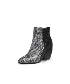 Jady Rose NEW ARRIVALS JadyRose | Black White Sketch Printed Geometry Heel Leather Mid Heel Ankle Boots