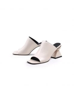 Jady Rose NEW ARRIVALS JadyRose | Cream Triangular-Crystal Mid Heel Leather Open Toe Mules Sandals