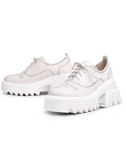 Jady Rose JadyRose | Vintage Black Genuine Leather Platform Oxford Shoes- Cream