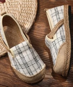 TC Plaid Dotted Line Linen Round Toe Espadrilles Loafers - Cactus Rose New In Shoes