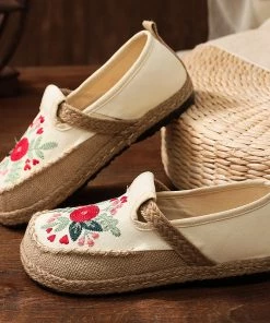 TC New In Shoes Blossom Embroidered Linen Round Toe Espadrilles Sneakers - Cactus Rose