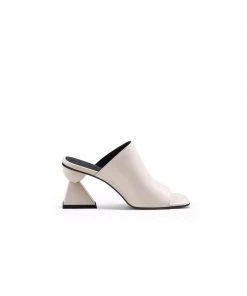Jady Rose NEW ARRIVALS JadyRose | Cream Triangular-Crystal Mid Heel Leather Open Toe Mules Sandals