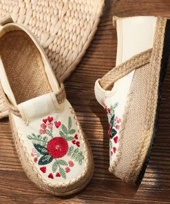 TC New In Shoes Blossom Embroidered Linen Round Toe Espadrilles Sneakers - Cactus Rose