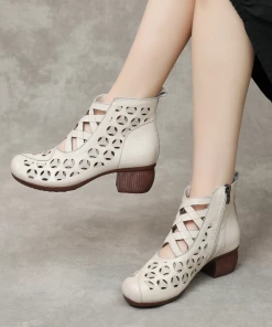 MLD Rumour Has It | Criss-Cross Upper Cut-Out Cream Leather Boots