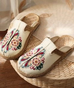 TC Abstract Embroidered Mules Slides Clogs- Cactus Rose