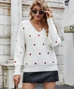MY Smaibulun | Valentine Hearts Low V Neck Knit Sweater - Cream NEW ARRIVALS