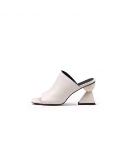 Jady Rose NEW ARRIVALS JadyRose | Cream Triangular-Crystal Mid Heel Leather Open Toe Mules Sandals