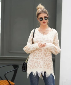 MY New In Clothing Smaibulun Doll | Leopard Long Sleeve V-Neck Ripped Knit Pullover - Cream