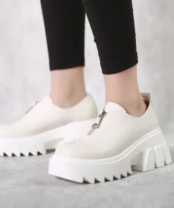 Jady Rose JadyRose | Chunky Heel Pure Zipper Genuine Leather Sneaker - Cream New In Shoes