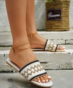 HT New In Shoes En Bloom | SAPPHIRE CREAM EMBROIDERED SLIDES