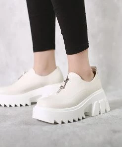 Jady Rose JadyRose | Chunky Heel Pure Zipper Genuine Leather Sneaker - Cream New In Shoes