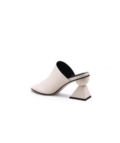 Jady Rose NEW ARRIVALS JadyRose | Cream Triangular-Crystal Mid Heel Leather Open Toe Mules Sandals