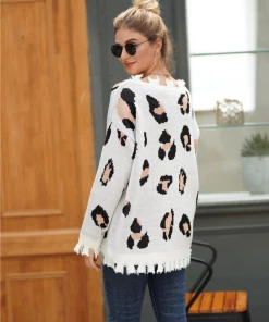 MY Smaibulun | Cheetah V-Neck Ripped Collar & Sleeve Knit Pullover - Cream