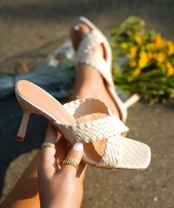 HT En Bloom | Criss Cross Woven Strap Cream Heel Sandals NEW ARRIVALS