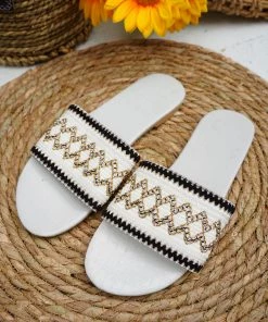 HT New In Shoes En Bloom | SAPPHIRE CREAM EMBROIDERED SLIDES