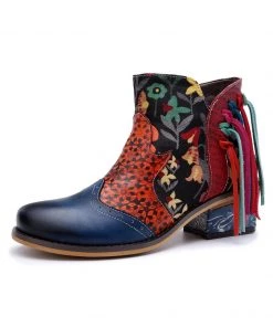 New In Shoes SOFFIA | Genuine Leather Navy Orange Tasselled Ankle Booties Flat Boots