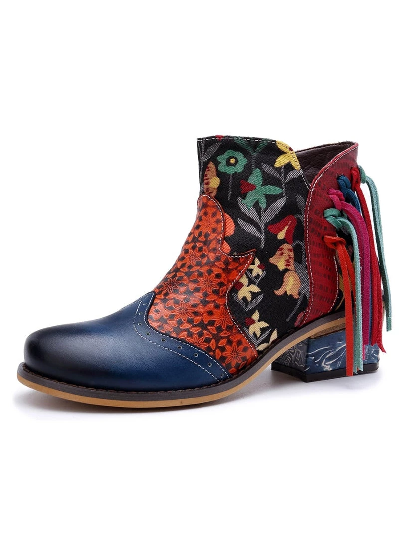 SOFFIA | Genuine Leather Tasselled Back Floral Printed Ankle Booties Mid Heel Boots 7 SOFFIA | Genuine Leather Tasselled Back Floral Printed Ankle Booties Mid Heel Boots