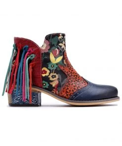 New In Shoes SOFFIA | Genuine Leather Navy Orange Tasselled Ankle Booties Flat Boots