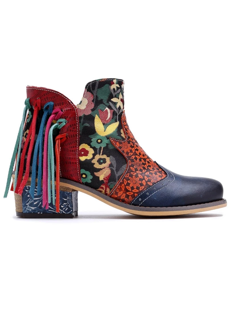 SOFFIA | Genuine Leather Tasselled Back Floral Printed Ankle Booties Mid Heel Boots 5 SOFFIA | Genuine Leather Tasselled Back Floral Printed Ankle Booties Mid Heel Boots