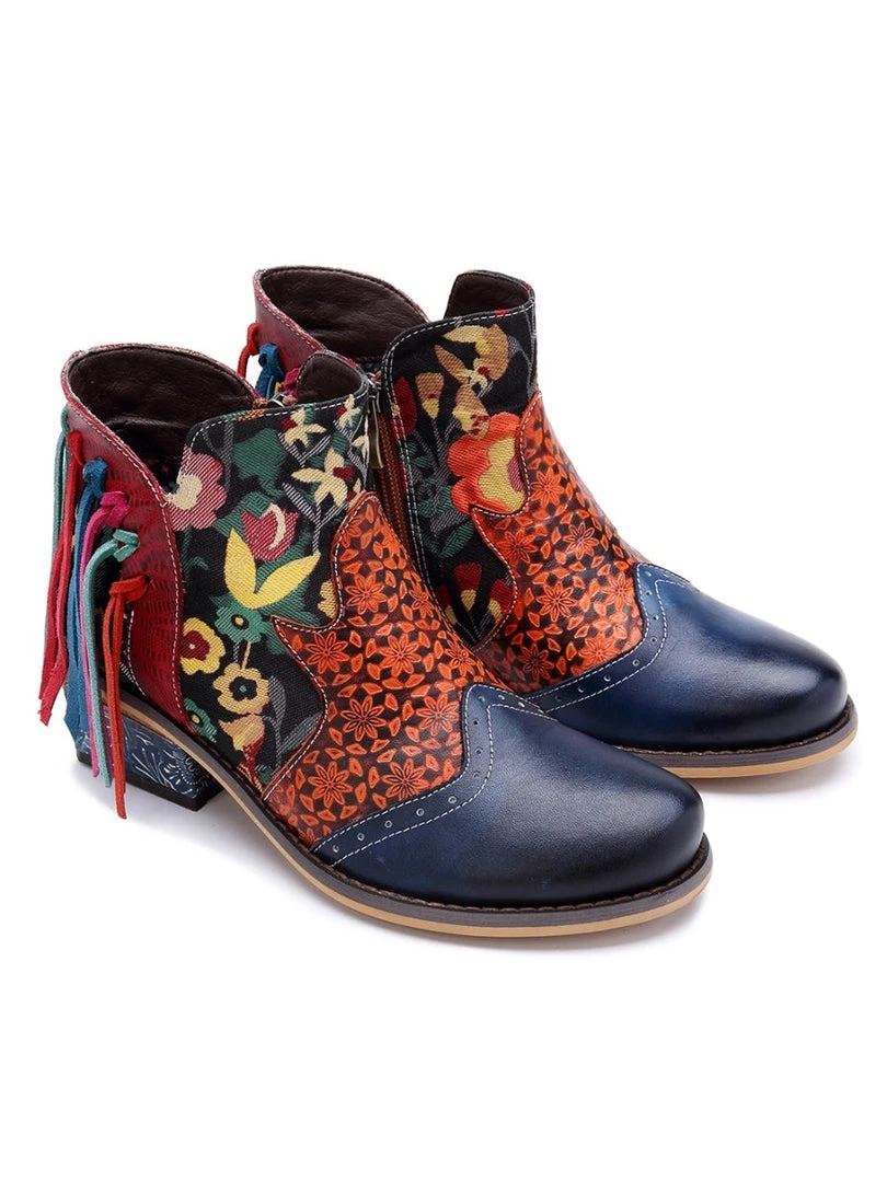 SOFFIA | Genuine Leather Tasselled Back Floral Printed Ankle Booties Mid Heel Boots 4 SOFFIA | Genuine Leather Tasselled Back Floral Printed Ankle Booties Mid Heel Boots