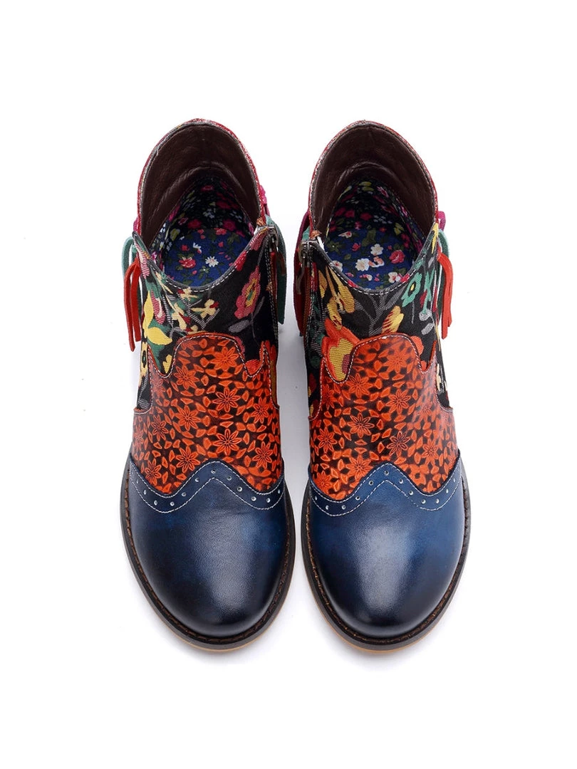 SOFFIA | Genuine Leather Tasselled Back Floral Printed Ankle Booties Mid Heel Boots 6 SOFFIA | Genuine Leather Tasselled Back Floral Printed Ankle Booties Mid Heel Boots