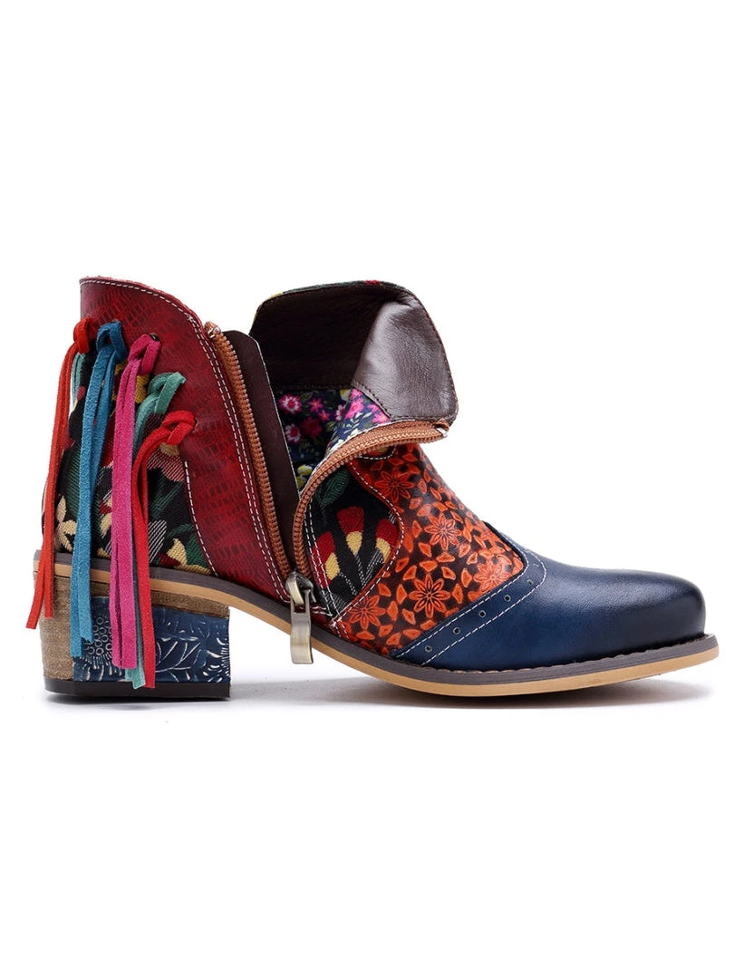 SOFFIA | Genuine Leather Tasselled Back Floral Printed Ankle Booties Mid Heel Boots 3 SOFFIA | Genuine Leather Tasselled Back Floral Printed Ankle Booties Mid Heel Boots