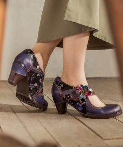 RXD NEW ARRIVALS SOFFIA | Eggplant Flower Appliqued Leather Mary Jane