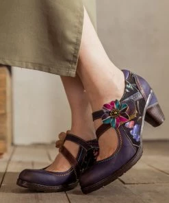 RXD NEW ARRIVALS SOFFIA | Eggplant Flower Appliqued Leather Mary Jane