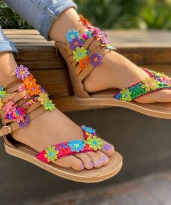 YL Colorful Floral Trimmed Gladiator Flat Sandals - EN BLOOM Shop Sandals 19 YL Colorful Floral Trimmed Gladiator Flat Sandals - EN BLOOM Shop Sandals