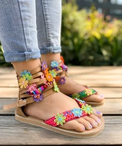 YL Colorful Floral Trimmed Gladiator Flat Sandals - EN BLOOM Shop Sandals 12 YL Colorful Floral Trimmed Gladiator Flat Sandals - EN BLOOM Shop Sandals
