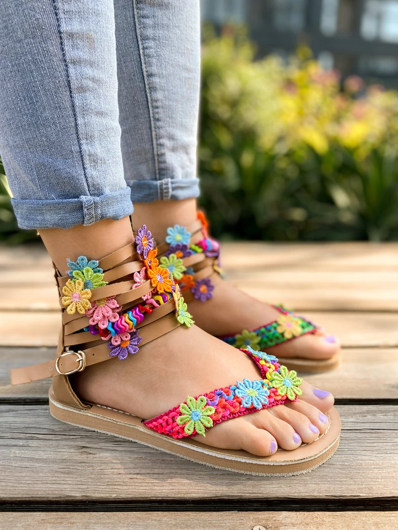 YL Colorful Floral Trimmed Gladiator Flat Sandals - EN BLOOM Shop Sandals 3 YL Colorful Floral Trimmed Gladiator Flat Sandals - EN BLOOM Shop Sandals