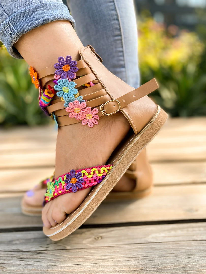 YL Colorful Floral Trimmed Gladiator Flat Sandals - EN BLOOM Shop Sandals 5 YL Colorful Floral Trimmed Gladiator Flat Sandals - EN BLOOM Shop Sandals