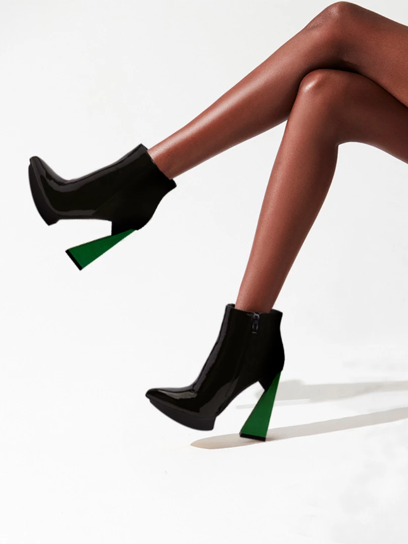Jady Rose JadyRose | Black Green Triangled Leather High Heel Platform Boot 1 Jady Rose JadyRose | Black Green Triangled Leather High Heel Platform Boot