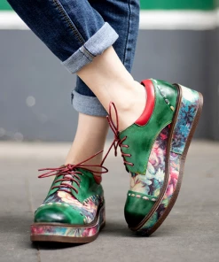 SOFFIA | Genuine Leather Brush Craft Emerald Art Floral Oxford Shoes NEW ARRIVALS