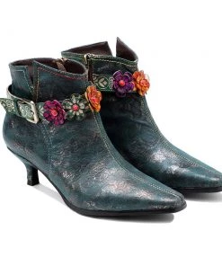 SOFFIA |Green Washed Floral Deco Genuine Leather Bootie Kitten Heel Ankle Boots