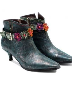 SOFFIA Genuine Leather Green Silver Wash Floral Deco Buckle Kitten Heel Ankle Boots - Women