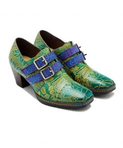 New In Shoes SOFFIA | Genuine Leather Floral Embossed Double Strap Low Heel Monks Oxford Shoes