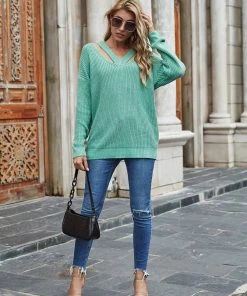 MY Smaibulun | COLENA Mint Green Cut Out V-neck Pullover