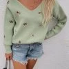 MY New In Clothing Smaibulun | Green Oversize V-neck Daisy Embroidered Knit Sweater