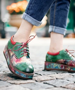 SOFFIA | Genuine Leather Brush Craft Emerald Art Floral Oxford Shoes NEW ARRIVALS