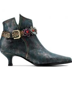 SOFFIA |Green Washed Floral Deco Genuine Leather Bootie Kitten Heel Ankle Boots