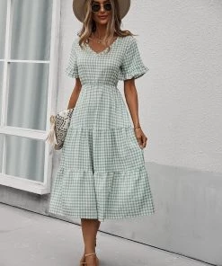 DY SHASTA Gingham Midi Dress - Green