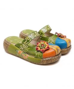 JF SOFFIA | FLORAL-APPLIQUE LEATHER PLATFORM SANDAL GREEN S/S 2022